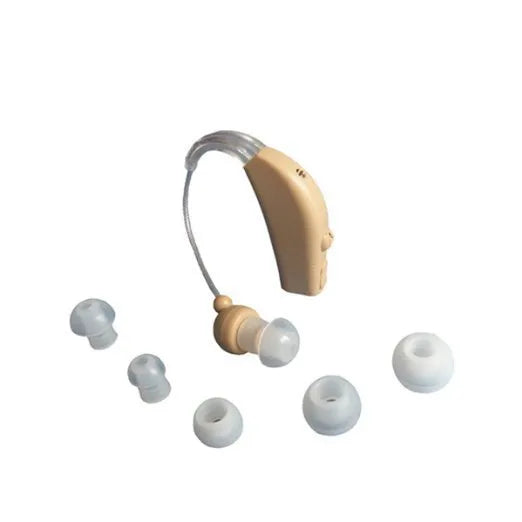 Small white rechargeable BTE hearing aid amplifier with charging cable, shown with EU and US plug options.