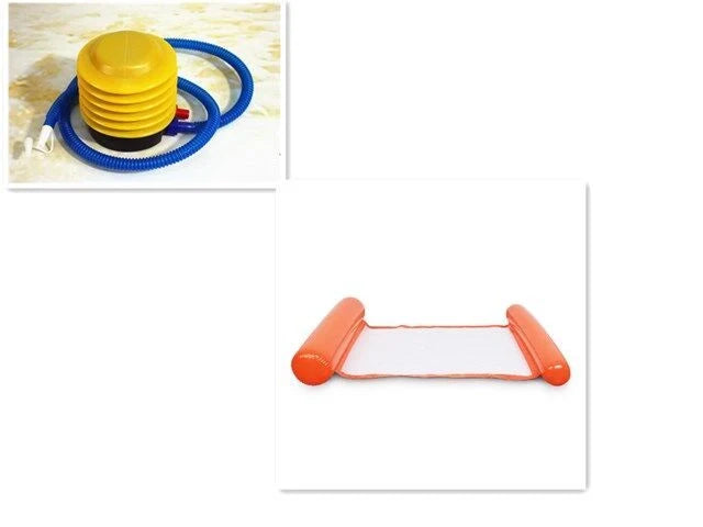 Inflatable water lounge chair in blue, floating in pool with hammock design visible