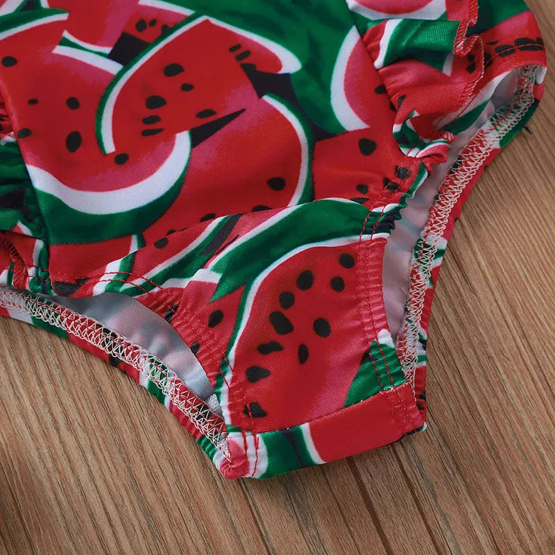 Printed sleeve one-piece polyester swimsuit for baby girls, red or yellow, sizes 80-120cm