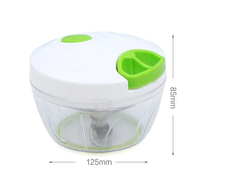 Green manual kitchen chopper and meat grinder with three stainless steel blades and 500ml capacity