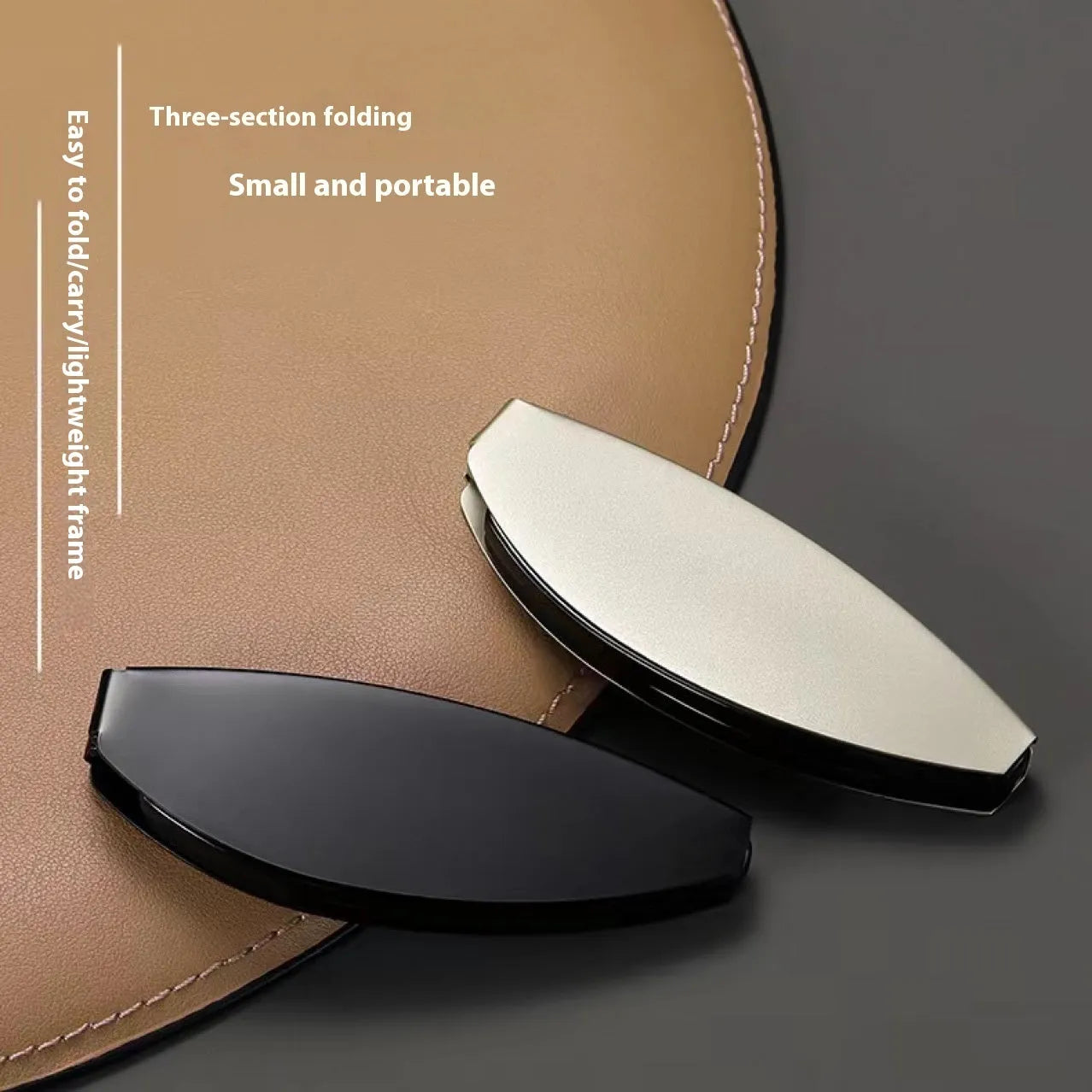 Black folding presbyopic glasses with retro frame and ring detailing, shown in open and closed positions