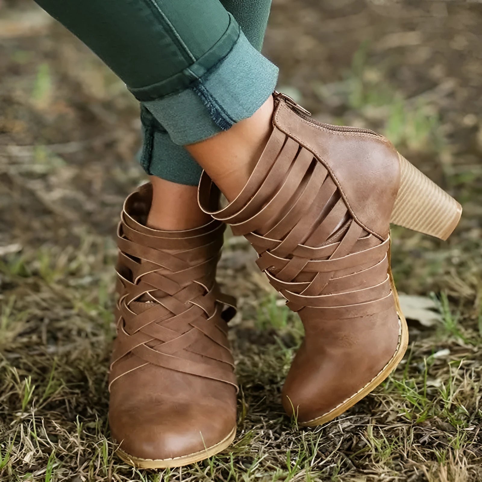 Women's pointed thick heel hollow short boots in suede with back zipper, available in camel colour