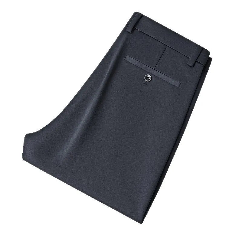 Men's black straight-leg suit trousers with an elastic waistband on a hanger.