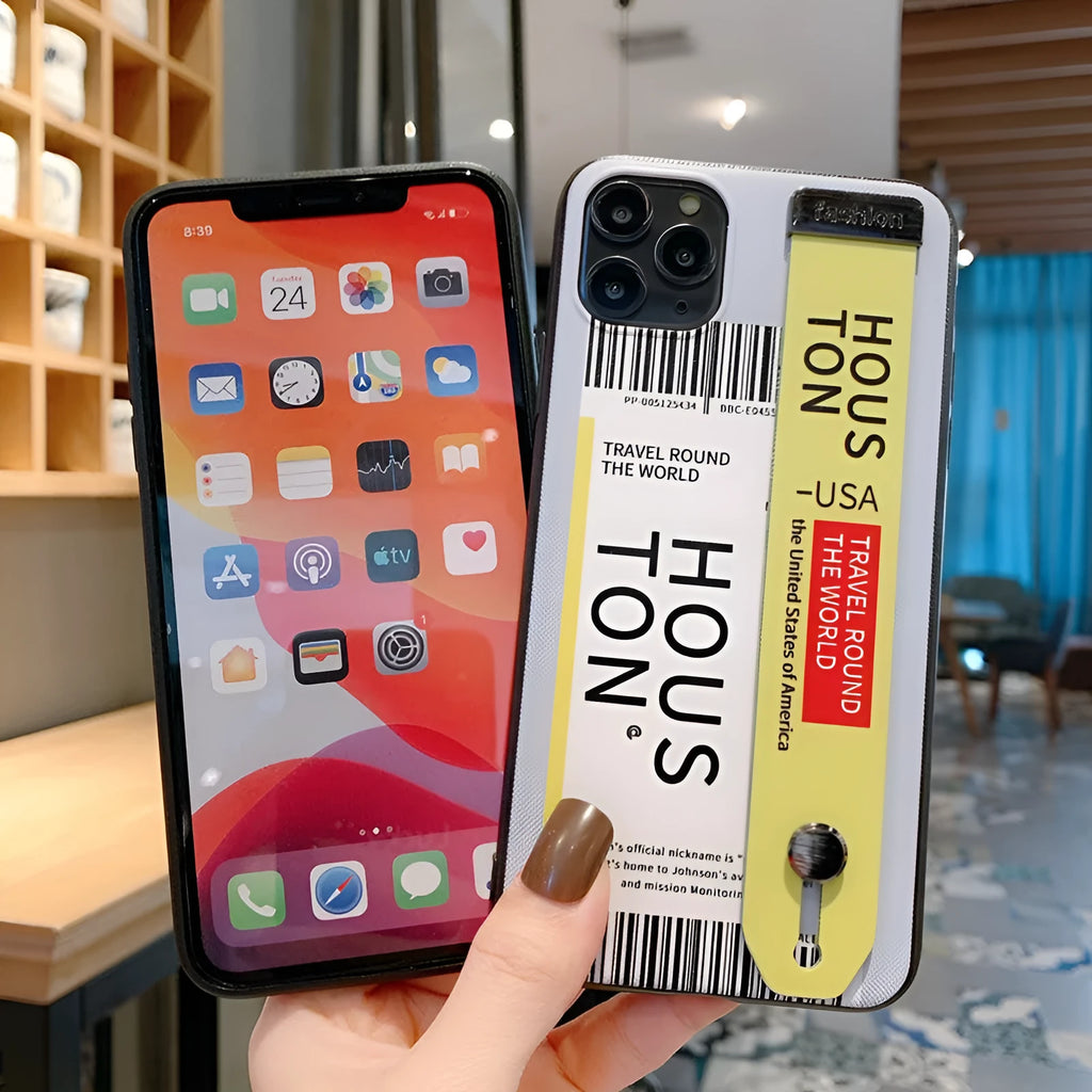 Apple iPhone back cover case with wristband in red, violet, or yellow colours