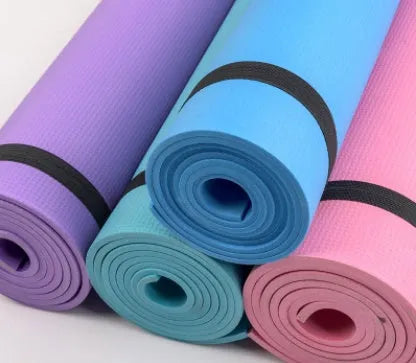 EVA yoga mat in blue showing 6mm thickness and textured anti-skid surface.