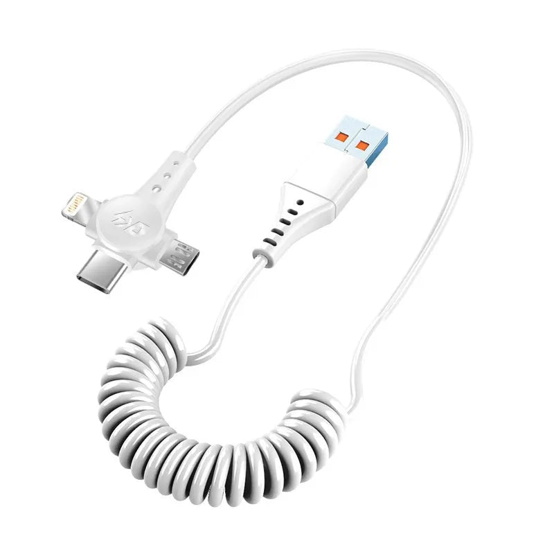 Black telescopic data cable extended to 1.5m with Lightning, Micro USB, and Type-C charging heads