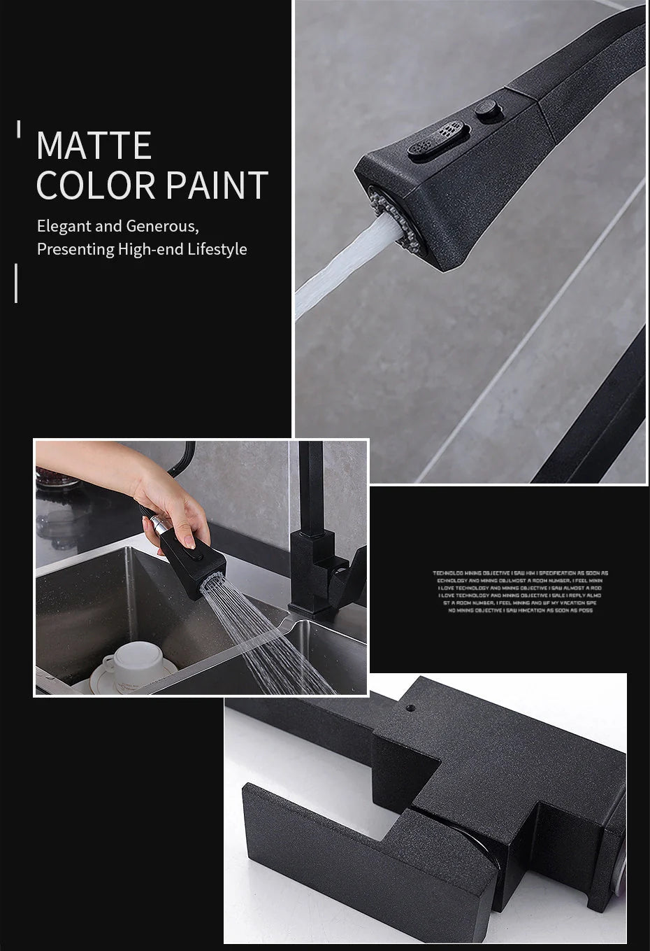 Stretchable sink faucet with double outlet mode in black and oatmeal options