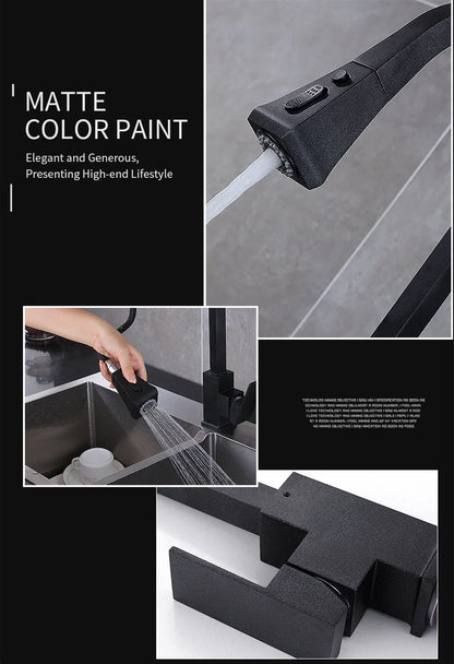 Stretchable sink faucet with double outlet mode in black and oatmeal options