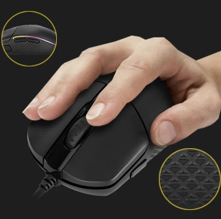 Black wired gaming mouse with nine buttons and four-way scroll wheel on a desk