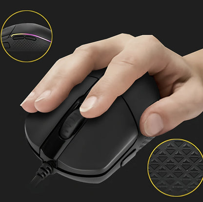 Black wired gaming mouse with 5000 DPI, 9 buttons, 1.8m USB cable, ergonomic for desktop use