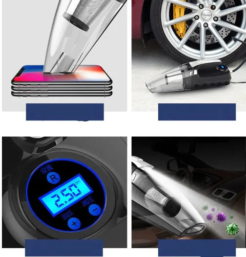 Four-in-one wireless car vacuum cleaner with air pump, ABS plastic body, and crevice nozzle