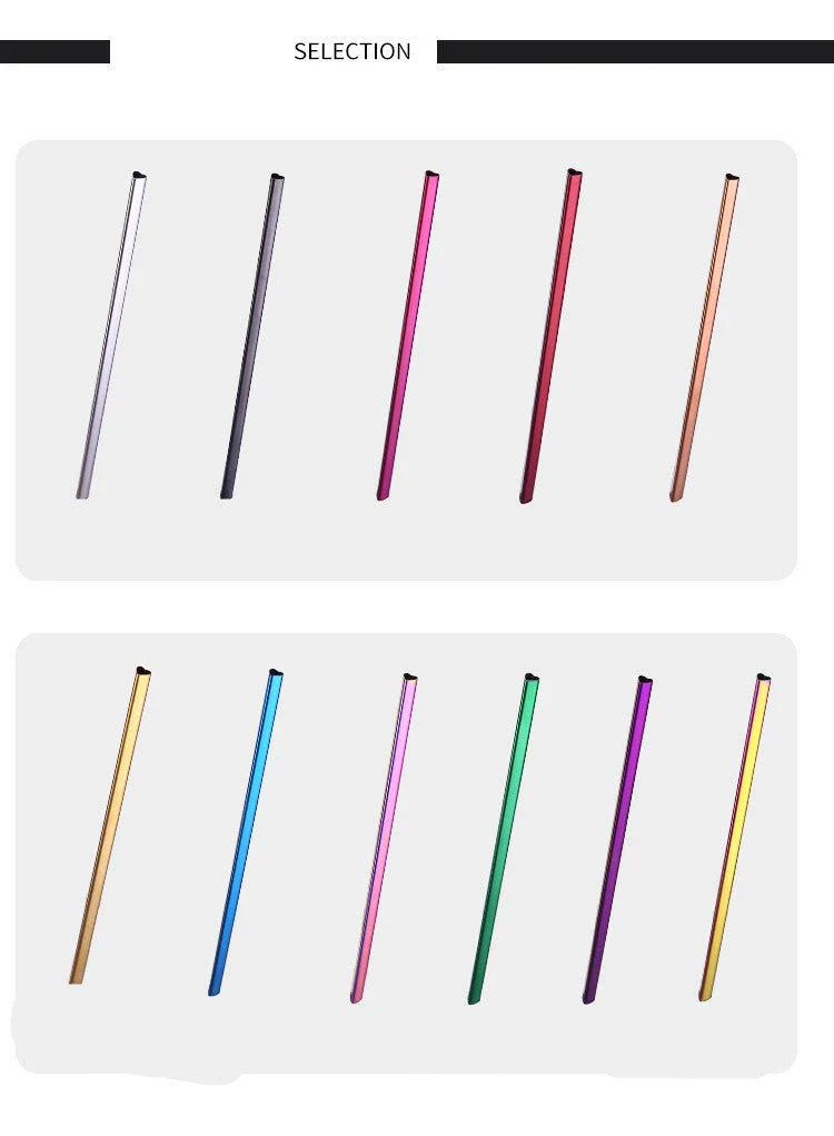 Reusable heart-shaped stainless steel straws in various colours with cleaning brush