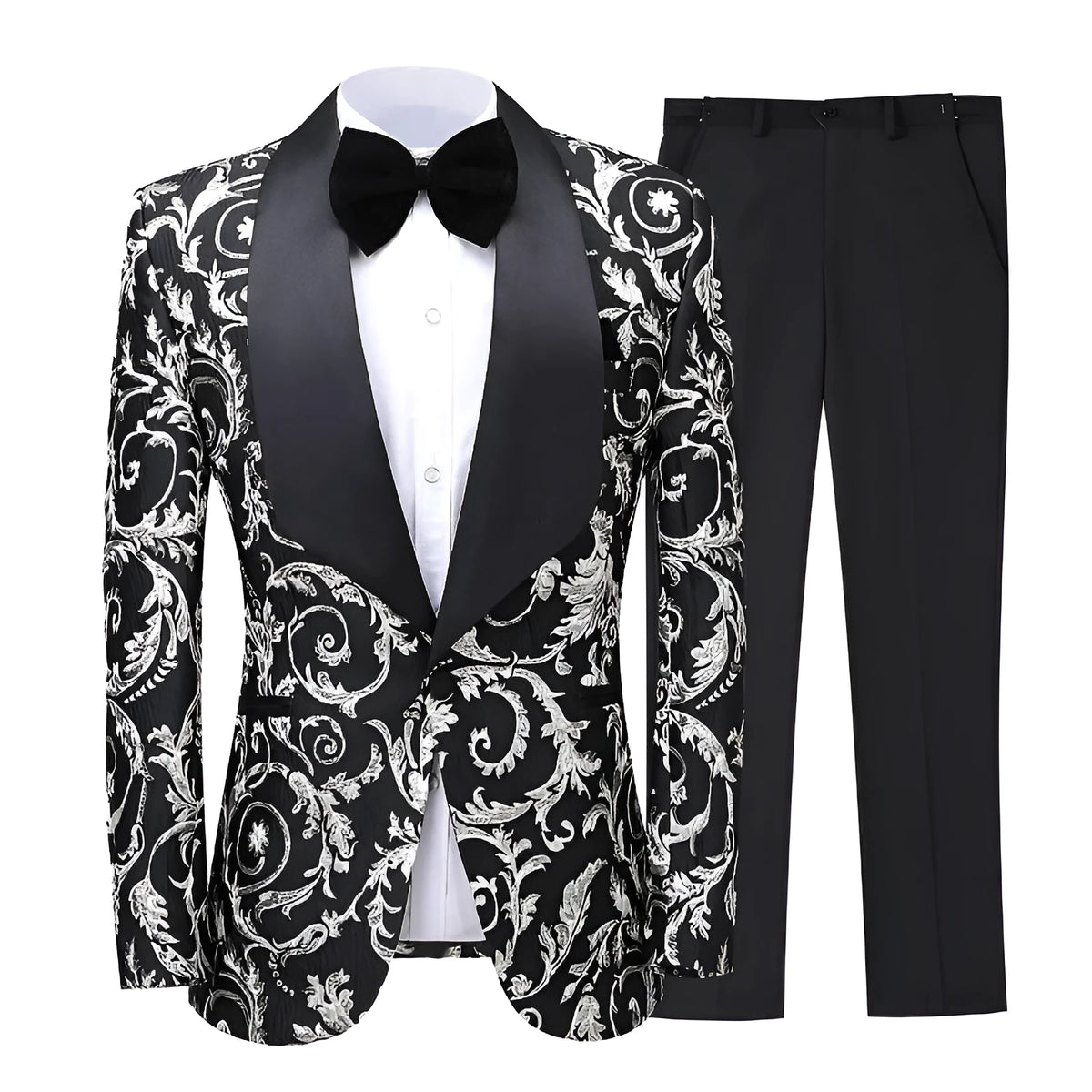 Men's two-piece black suit with single-breasted one-button blazer, green fruit collar, and matching trousers, loose fit