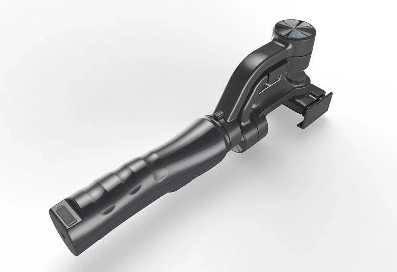 Handheld 3-axis gimbal stabilizer for iPhone in black, showing compact design and adjustable features