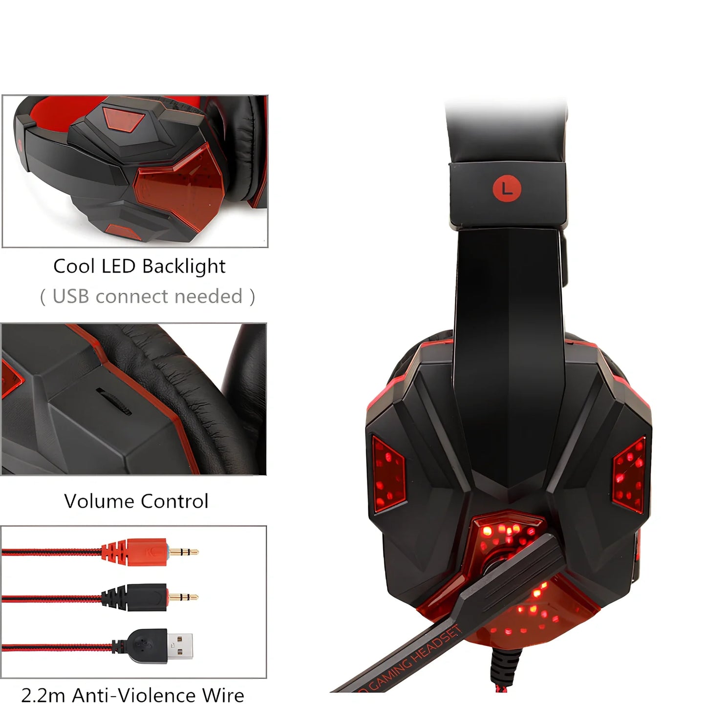 Black gaming headphones with adjustable microphone and braided cable showing 3.5mm plug