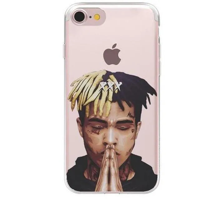 Transparent matte iPhone case with Xxxtentacion artwork, half-wrapped design showing phone compatibility