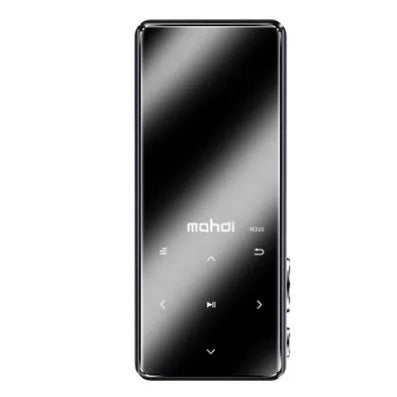 A portable black MP3 player with a 2.4-inch touchscreen, showing a music interface.