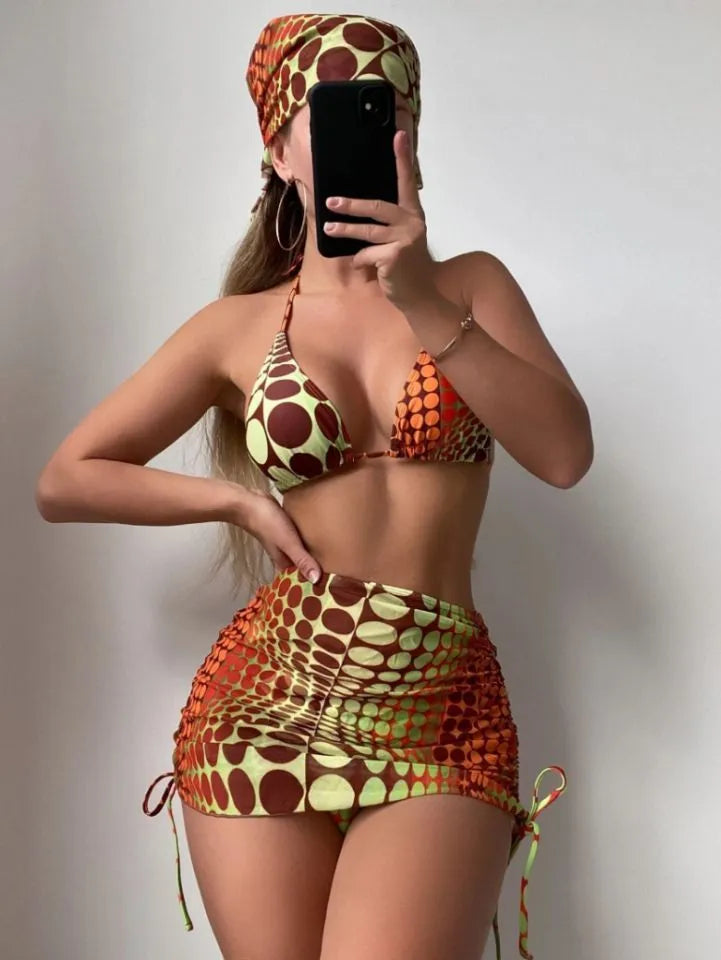 Printed split bikini women's swimsuit set with chest pad, high-waist skirt, shorts, and headband in polyester, picture colour