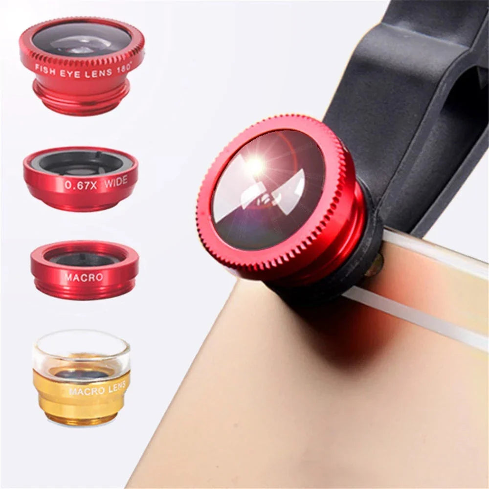 A versatile phone camera lens kit with Fisheye, wide-angle, and macro lenses for capturing creative, high-quality mobile photography