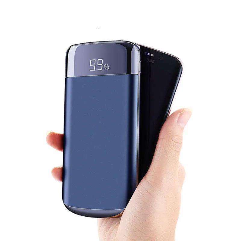 Square aluminium alloy power bank with LCD display showing battery level, with multiple USB ports.