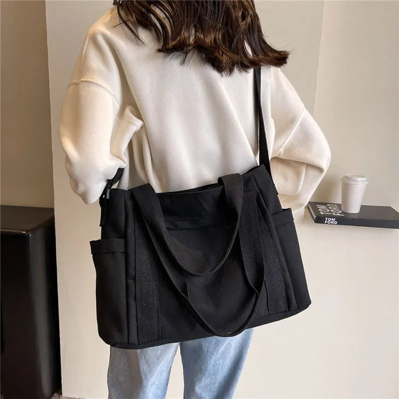 Women's solid colour polyester canvas shoulder bag with sandwich pockets and mobile phone compartment
