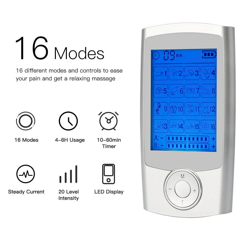 Portable Physiotherapy TENS and EMS Massager with 16 Customizable Massage Modes, Adjustable Timer and Intensity, Dual Output Channels, and Compact Design