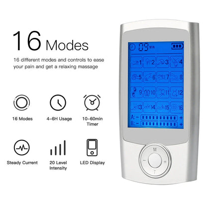 Portable Physiotherapy TENS and EMS Massager with 16 Customizable Massage Modes, Adjustable Timer and Intensity, Dual Output Channels, and Compact Design