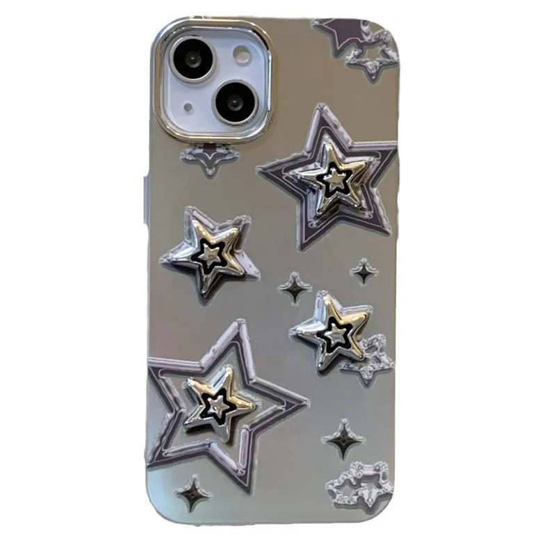 Silver grey electroplated three-dimensional star hard acrylic phone case for iPhone on white background