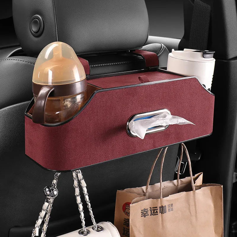 Genuine leather multifunctional car tissue box and cup holder organiser in beige