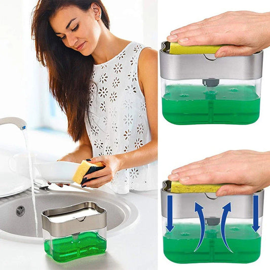 Multifunction soap dispenser and sponge caddy with one-handed pump action and integrated storage for dish cleaning supplies