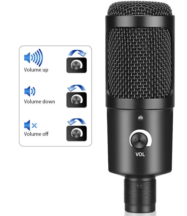 Black USB condenser microphone for laptop and computer recording with knob volume control