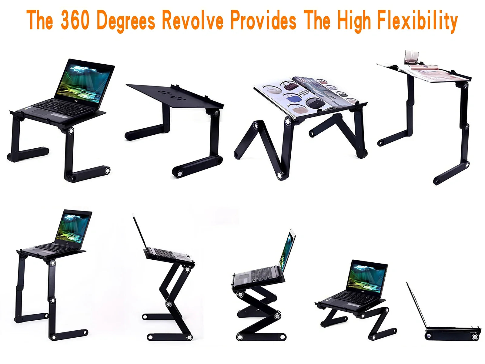 Adjustable aluminium laptop stand with cooling fan in black colour, showing height adjustment mechanism
