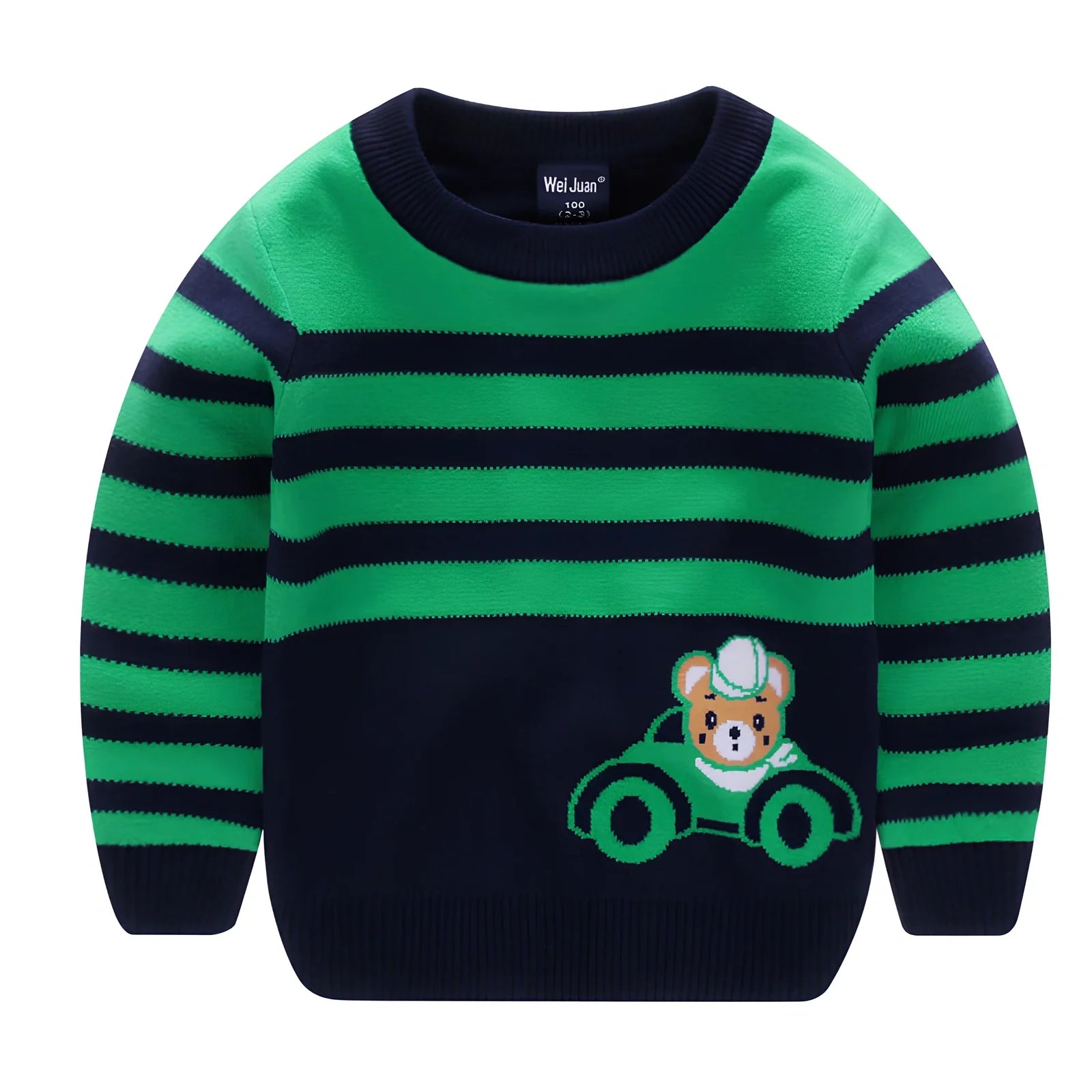 Children's Korean style cartoon pullover sweater in bear green, size 120cm, long sleeves, enzyme washed soft fabric for ages 3-8