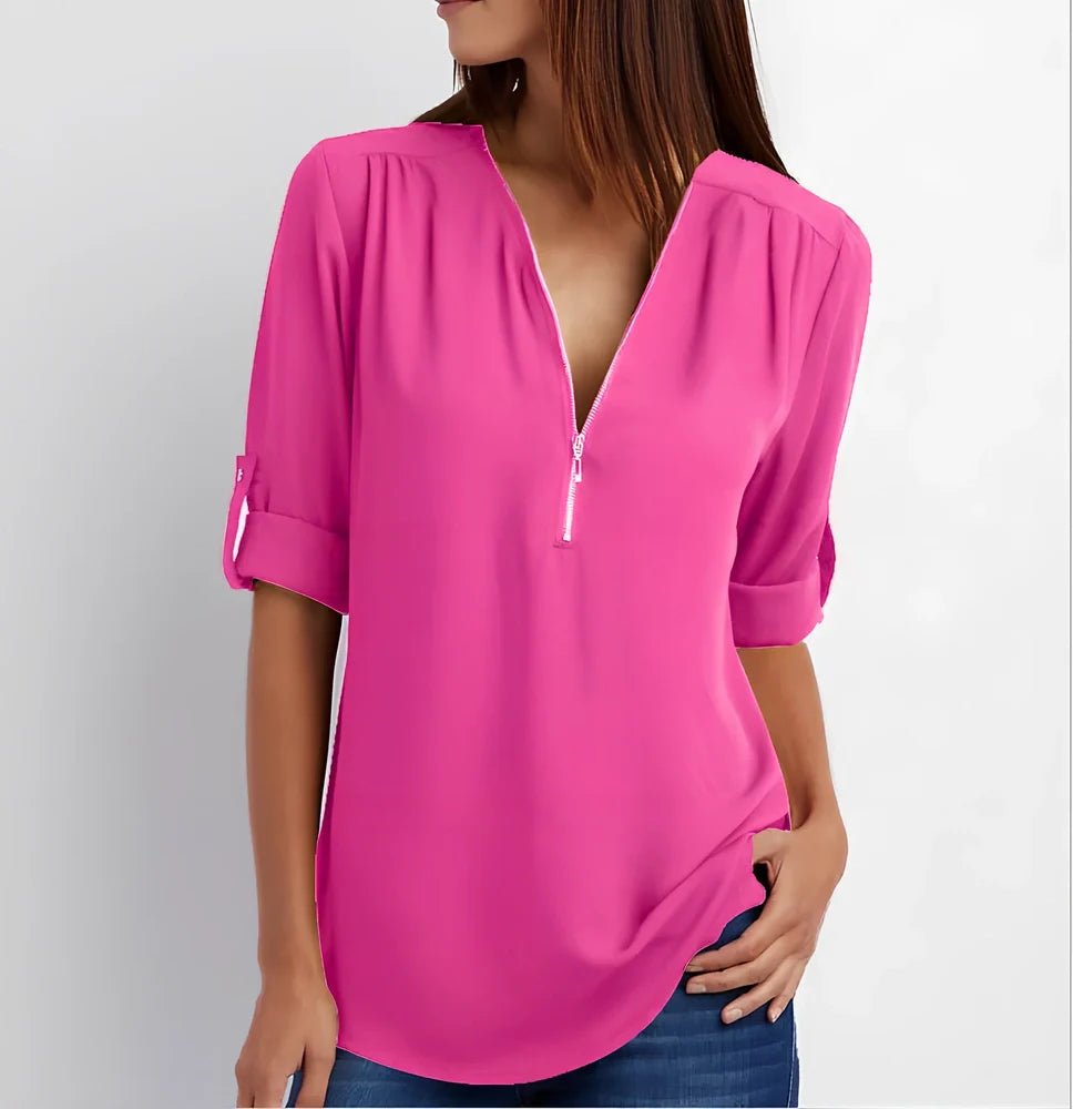 Women's pink zip V-neck short sleeve loose shirt, bust 96cm size S, Dacron fabric in multiple colours