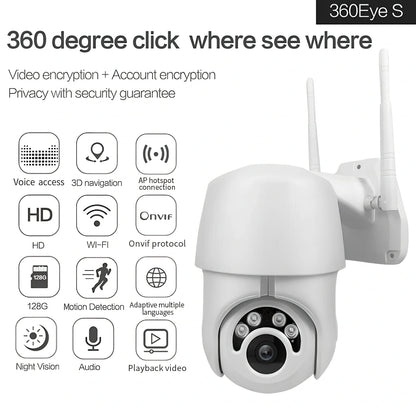 1080P wireless dome IP camera with 3.6mm lens, 355-degree pan, and 10-metre night vision for outdoor surveillance