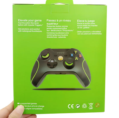 White Xbox One wired USB game controller with ergonomic grips and 2.5m cable on plain background