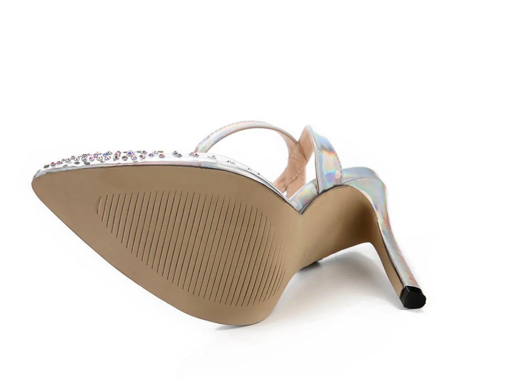 Women's pointed toe diamond embellished sandals with a stiletto heel on a white background.
