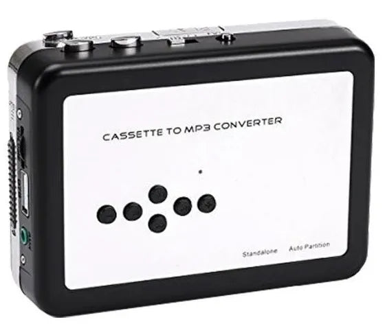 White USB Cassette to MP3 Converter with earphone and USB cable on desk