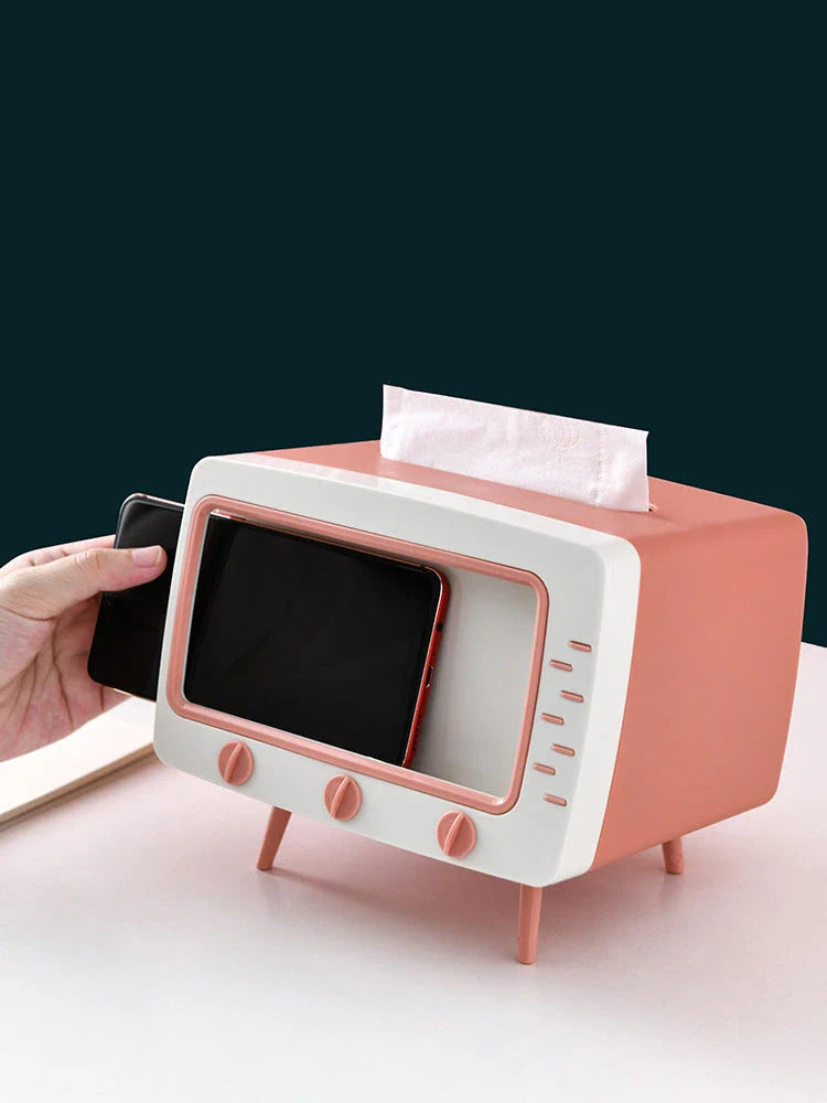 Creative cartoon-themed plastic tissue box with mobile phone slot in various colours