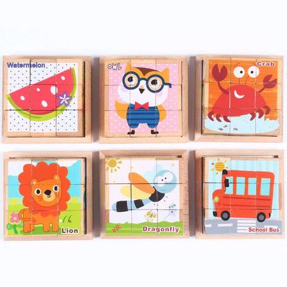 Six-face wooden jigsaw puzzle for children with six unique educational patterns