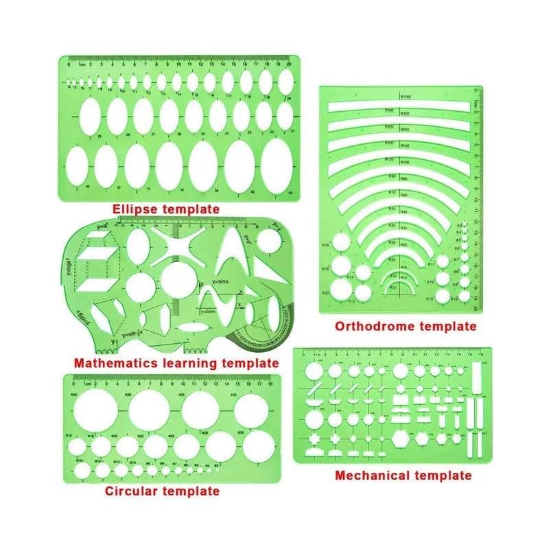 Clear green plastic geometric drawing templates set with 11 pieces and poly zipper envelope