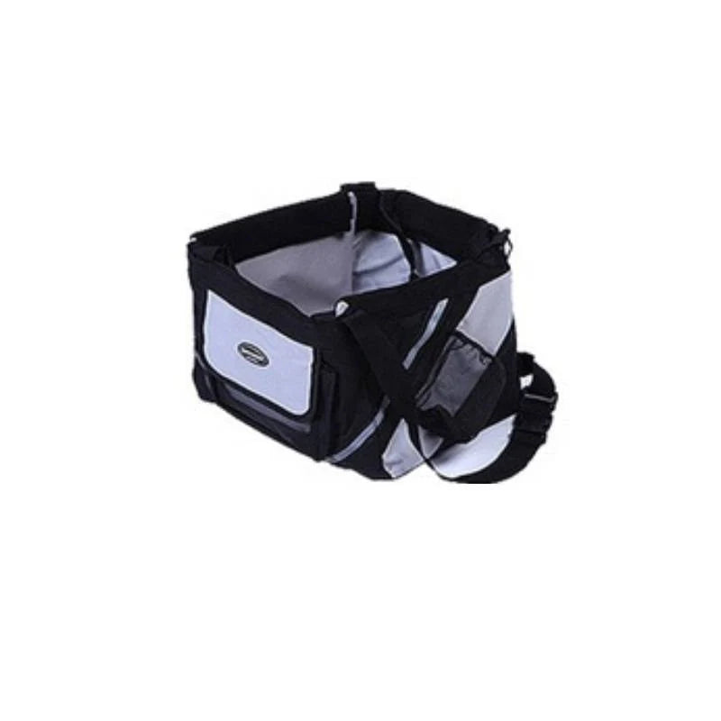 Pet bicycle carrier with removable basket for small cats and dogs, featuring reflective strips