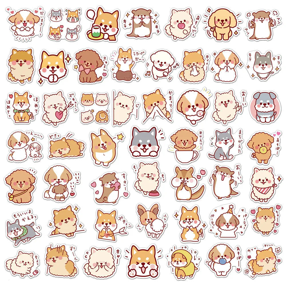 Pack of 50 cute dog graffiti stickers with paper and PVC adhesive, colour L50-82, on a white background