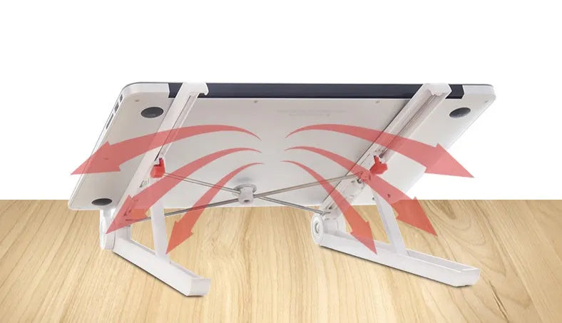 White portable laptop cooling stand with adjustable height and folding mechanism