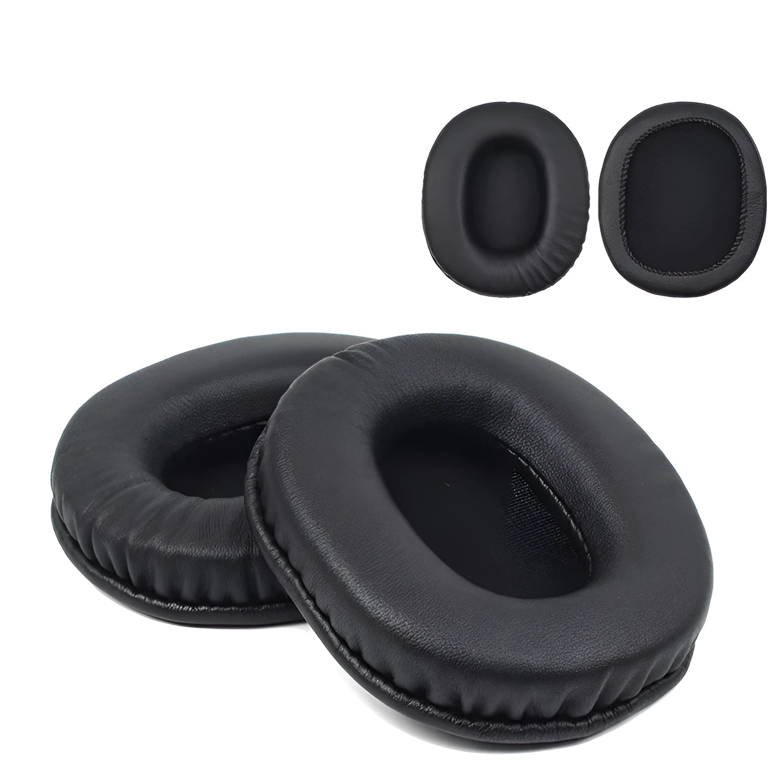 Black PU leather headphone covers for Sony 1R headphones, shown as a two-piece set.