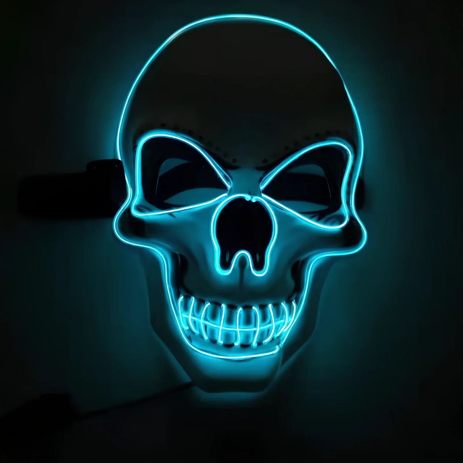 LED illuminated skull Halloween mask with adjustable strap and multiple light settings
