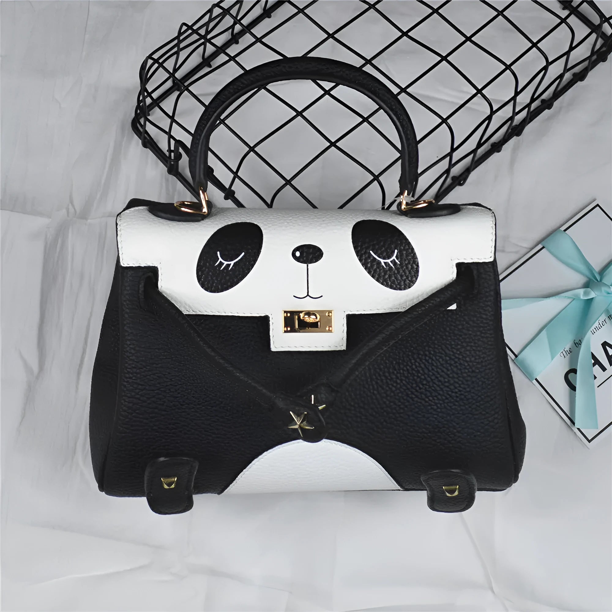 Square panda print cow leather handbag in sweet lady style showing two size options.