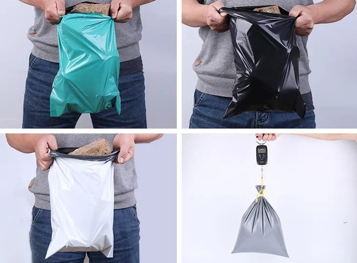 Bundle of 100 clear plastic courier clothing bags in multiple sizes with adhesive closure stickers.