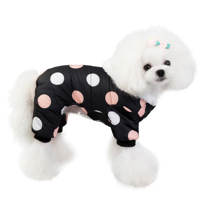 Big polka dot cotton coat with four-leg design in pink, black, and light yellow