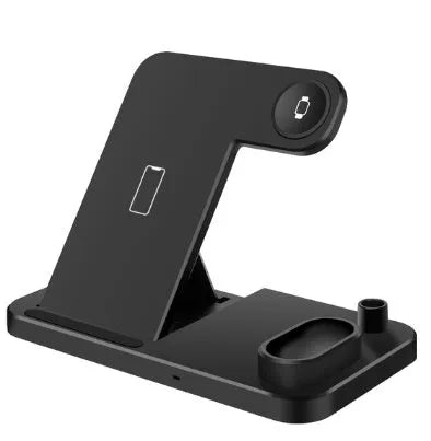Black 4-in-1 wireless charging station showing phone on adjustable stand, with Apple Watch and AirPods charging on the base.